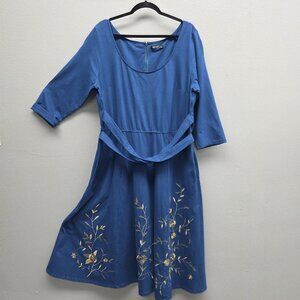 EShakti Dress Womens 2X 22W Blue Floral Embroidered Fit Flare Midi Pockets